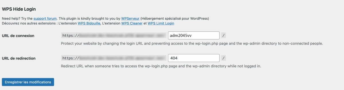 Configuration de WPS Hide Login pour WordPress.